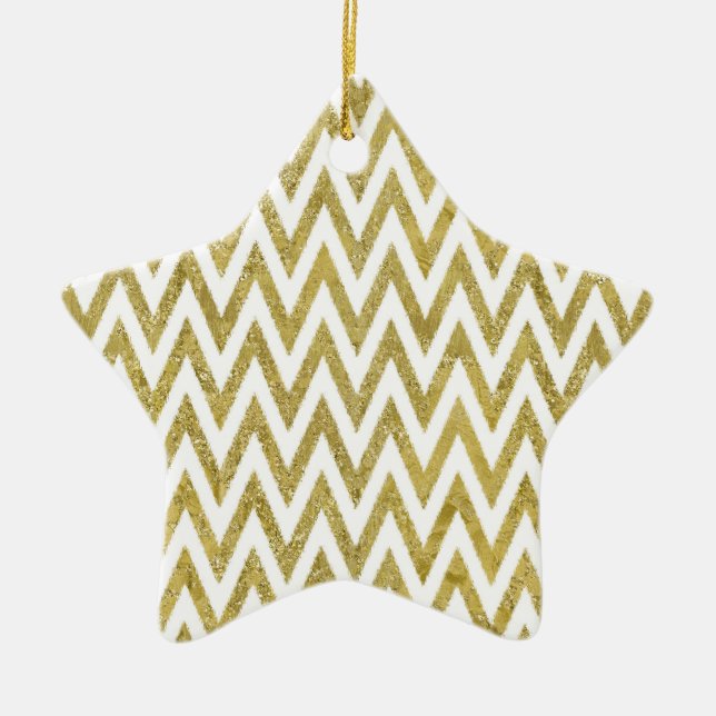 Glittery Gold and White Chevron Stripes Ceramic Tree Decoration (Front)