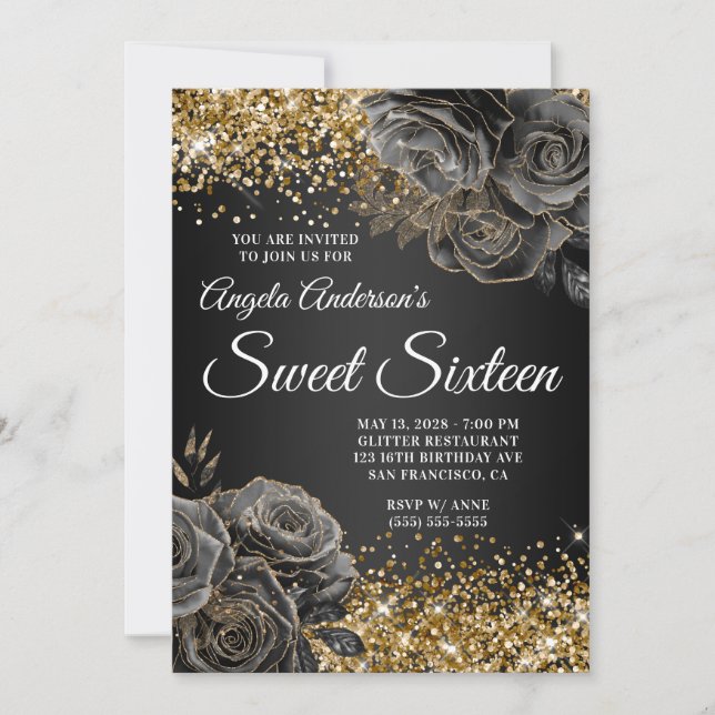 Glittery Gold Black Floral Glam Sweet Sixteen Invitation (Front)