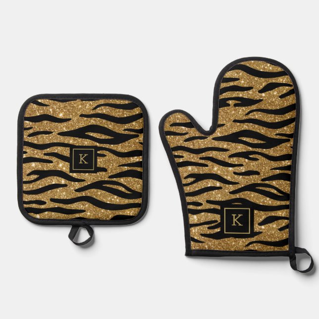 Glittery Gold, Black Zebra Pattern Monogram Oven Mitt & Pot Holder Set (Front)