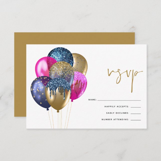 Glittery Gold Blue Fuchsia Balloons 60th Birthday RSVP Card (Front/Back)
