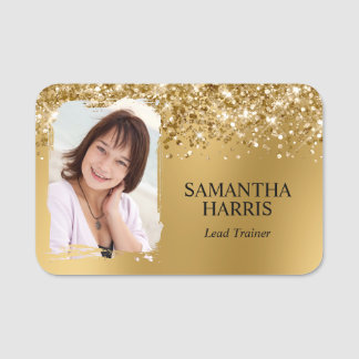 Glittery Gold Blur Brushstroke Photo Name Tag