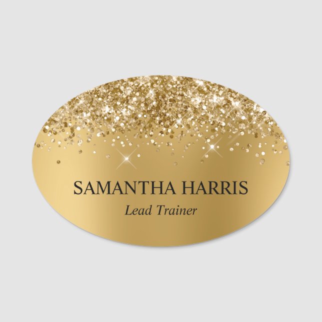 Glittery Gold Blur Rectangle Logo Name Tag (Front)