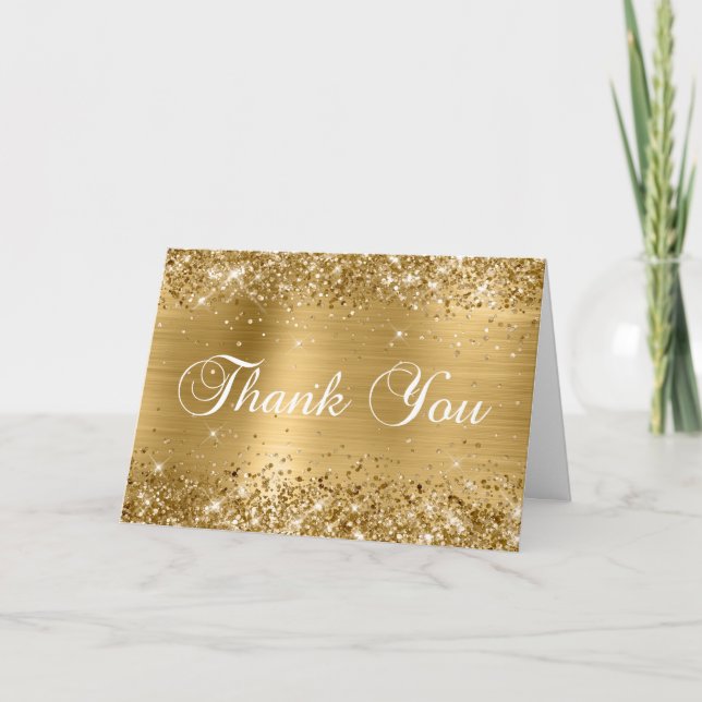 Glittery Gold Brushed Foil Classic Script Thank You Card (Front)