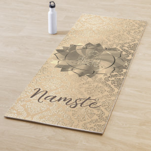 Glittery Gold Damask Buddha Lotus Yoga Mat