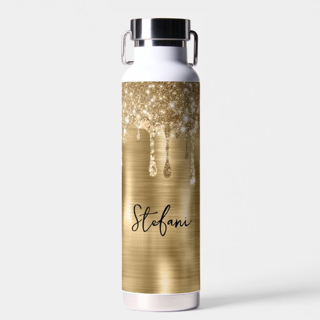 Glittery Gold Drips Two Name Place Cards Water Bottle (Front)
