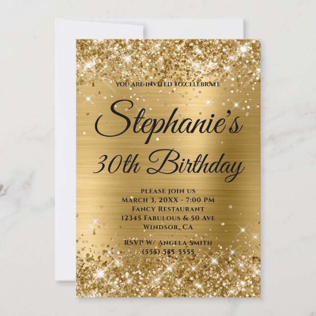 Glittery Gold Fancy Monogram 30th Birthday Invitation (Front)