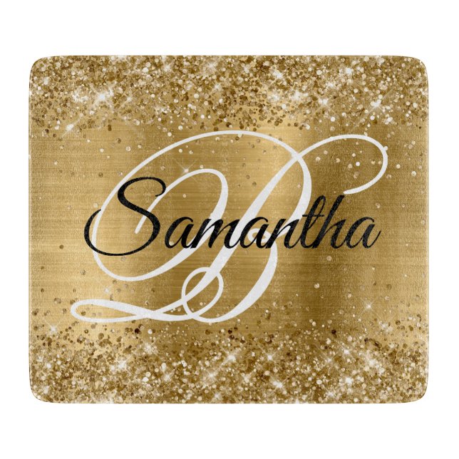 Glittery Gold Fancy Monogram Cutting Board (Front)