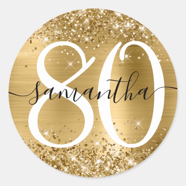 Glittery Gold Faux Foil Personalised 80 Classic Round Sticker (Front)