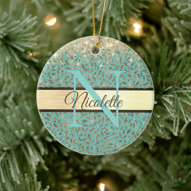 Glittery Gold Feathers Monogram     Ceramic Tree Decoration (Tree)