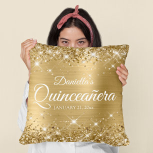 Glittery Gold Foil 15 Quinceañera Cushion