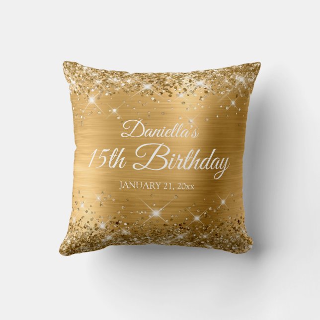 Glittery Gold Foil 15th Birthday Cushion (Back)