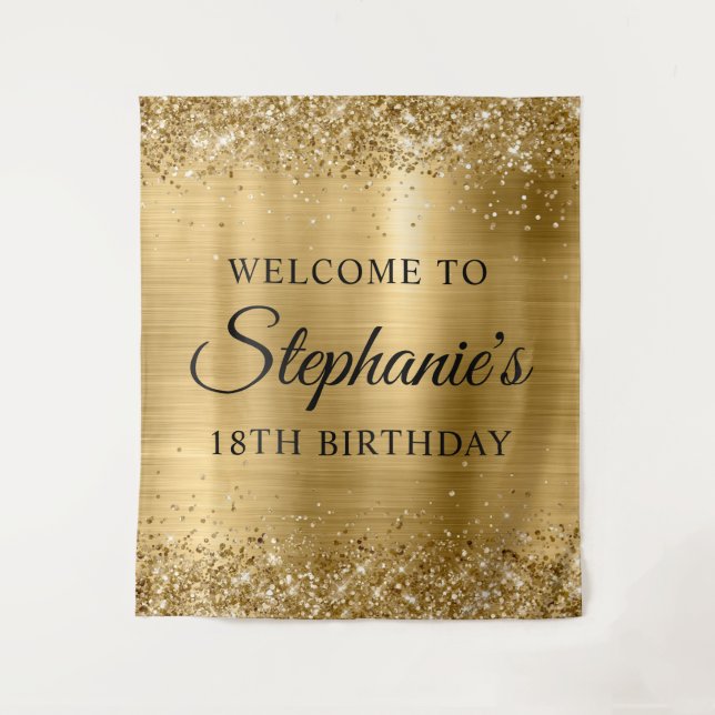 Glittery Gold Foil 18th Birthday Party Welcome Tapestry (Front)