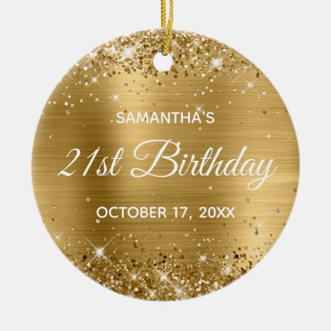 Glittery Gold Foil 21st Birthday Ceramic Tree Decoration (Front)