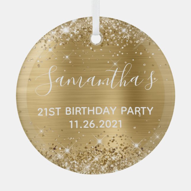 Glittery Gold Foil 21st Birthday Party Glass Tree Decoration (Front)