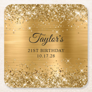Glittery Gold Foil 21st Birthday Square Paper Coaster