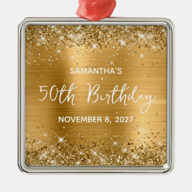 Glittery Gold Foil 50th Birthday Metal Tree Decoration (Front)