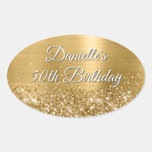 Glittery Gold Foil 50th Birthday Oval Sticker
