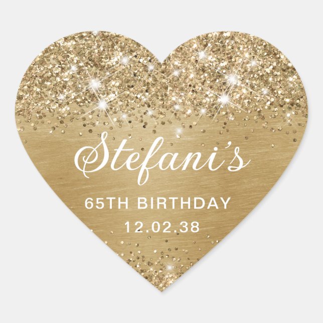 Glittery Gold Foil 65th Birthday Classic Heart Sticker (Front)