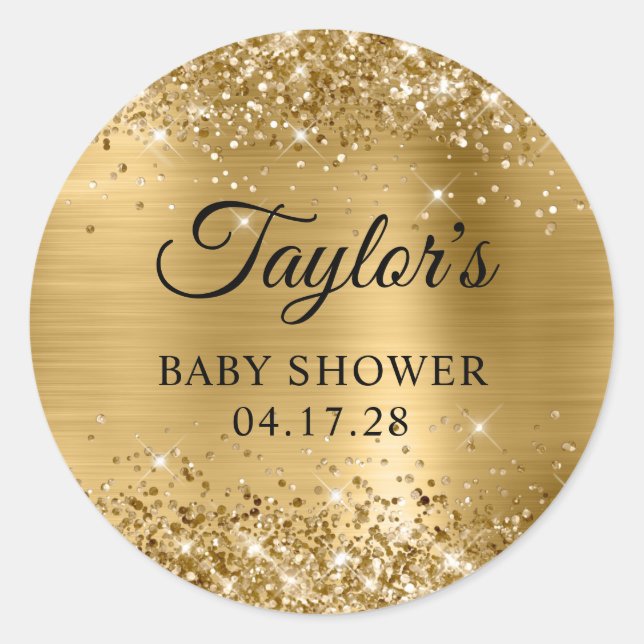 Glittery Gold Foil Baby Shower Classic Round Sticker (Front)