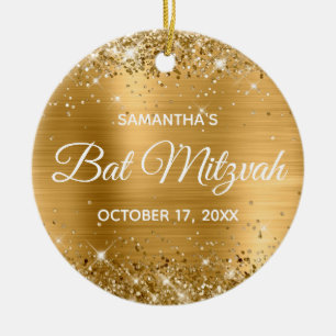 Glittery Gold Foil Bat Mitzvah Ceramic Tree Decoration