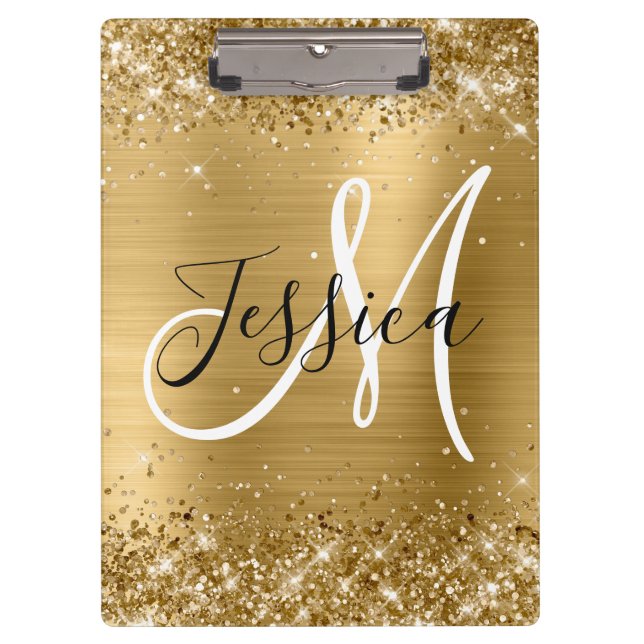 Glittery Gold Foil Black and White Monogram Clipboard (Front)
