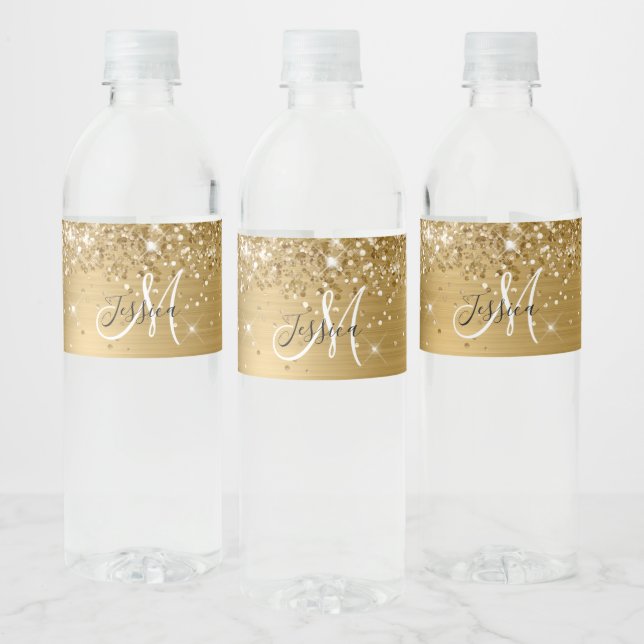 Glittery Gold Foil Black and White Monogram Water Bottle Label (Bottles)