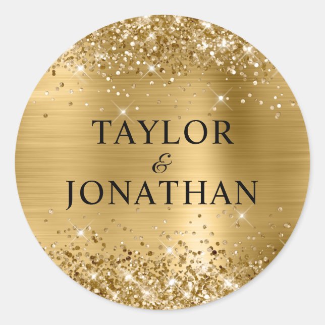 Glittery Gold Foil Bride & Groom Wedding Classic Round Sticker (Front)