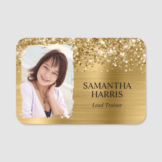 Glittery Gold Foil Brushstroke Photo Name Tag (Front)