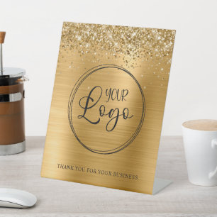 Glittery Gold Foil Business Logo Pedestal Sign