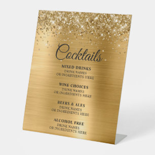 Glittery Gold Foil Cocktails Bar Menu Pedestal Sign