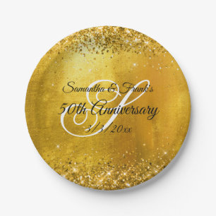 Glittery Gold Foil Fancy Monogram 50th Anniversary Paper Plate