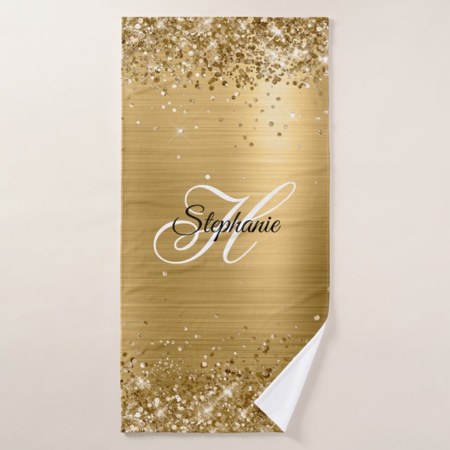 Glittery Gold Foil Fancy Monogram Bath Towel (Bath Towel)