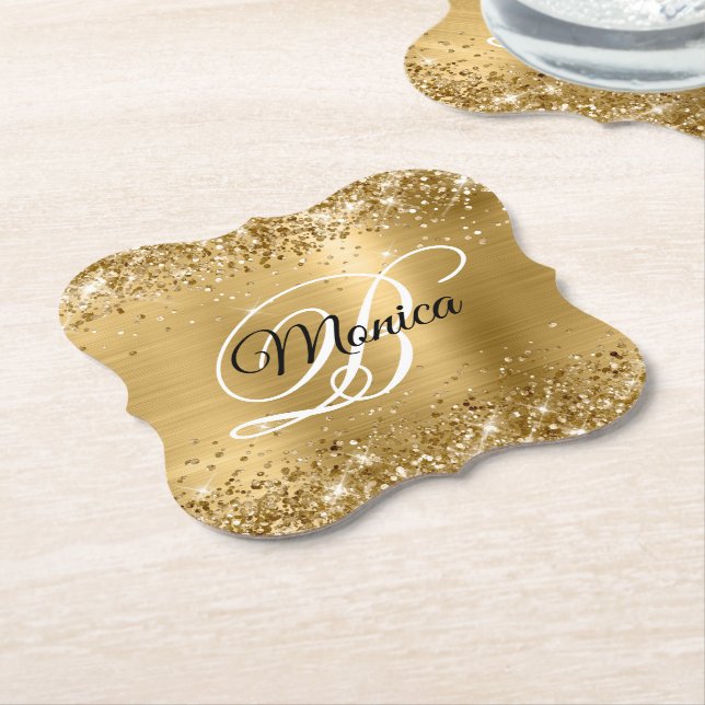 Glittery Gold Foil Fancy Monogram Paper Coaster (Angled)