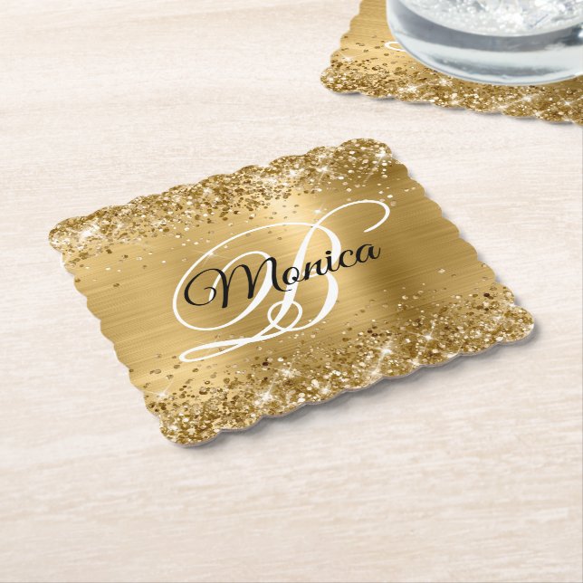 Glittery Gold Foil Fancy Monogram Paper Coaster (Angled)
