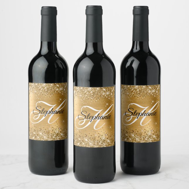 Glittery Gold Foil Fancy Monogram Wine Label (Bottles)