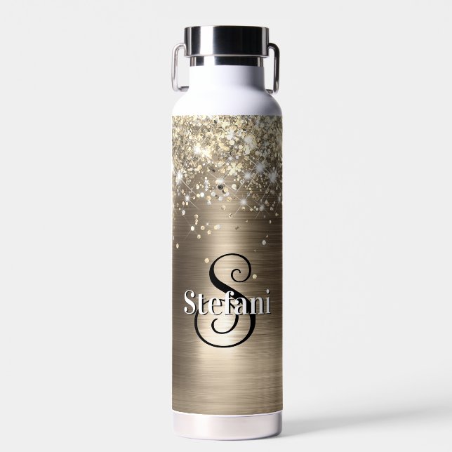 Glittery Gold Foil Faux Glitter Monogram Water Bottle (Front)