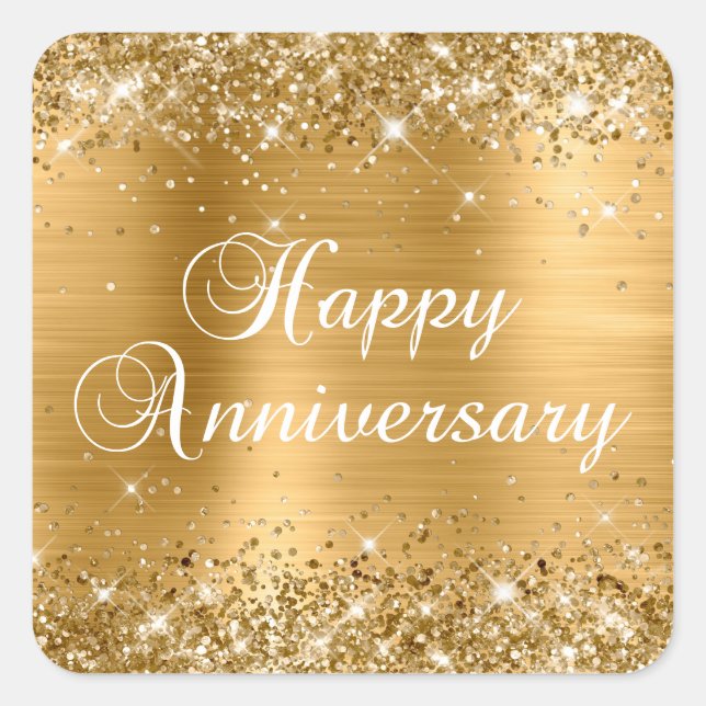 Glittery Gold Foil Happy Anniversary Square Sticker (Front)