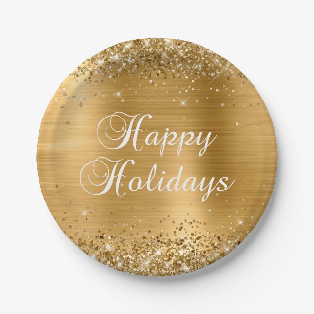 Glittery Gold Foil Happy Holidays Paper Plate (Front)