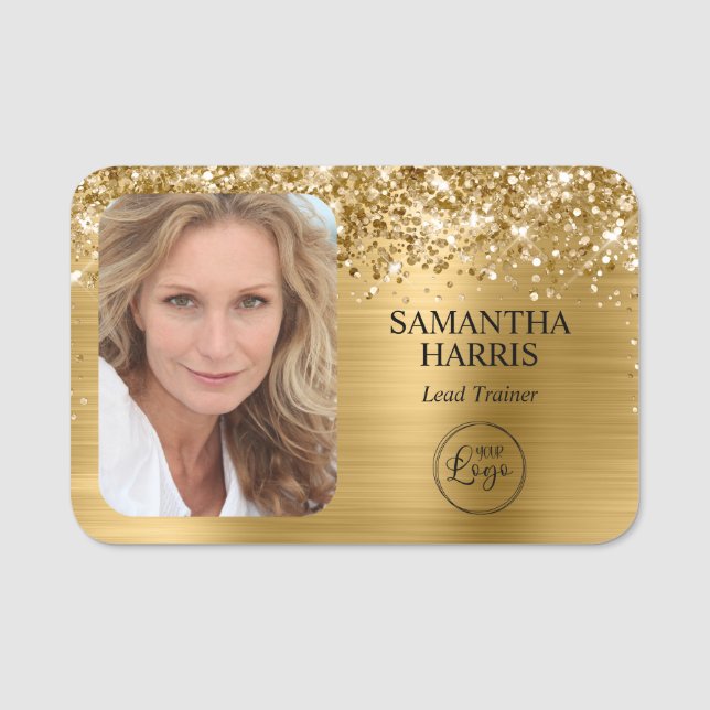 Glittery Gold Foil Logo and Photo Name Tag (Front)