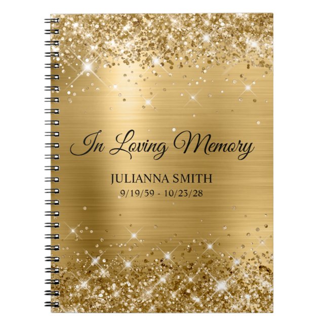 Glittery Gold Foil Memorial Service Guestbook Notebook (Front)