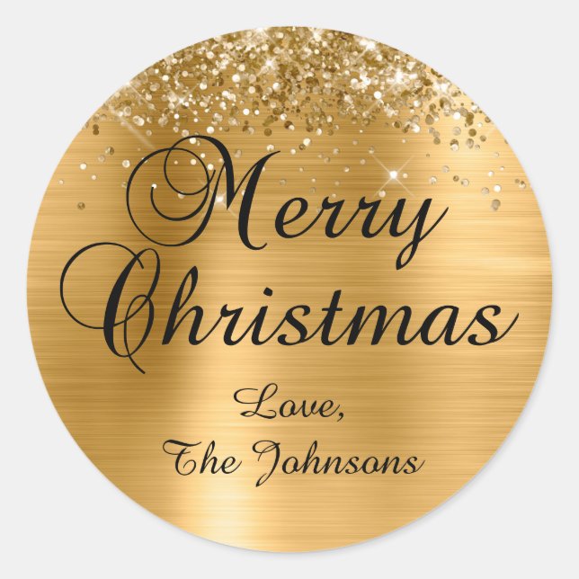 Glittery Gold Foil Merry Christmas Family Classic Round Sticker (Front)