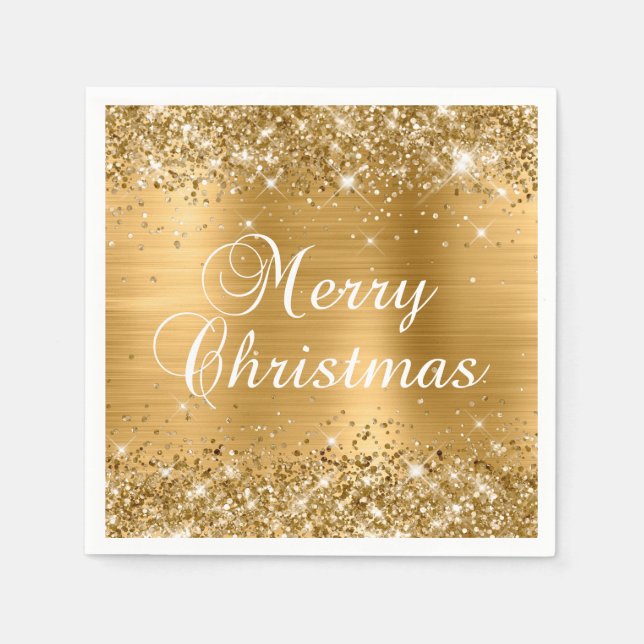 Glittery Gold Foil Merry Christmas Napkin (Front)