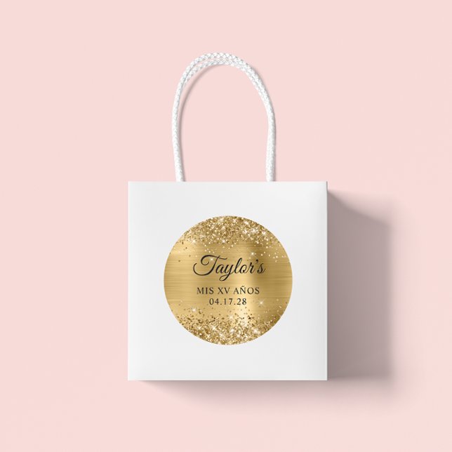 Glittery Gold Foil Mis XV Anos Birthday Classic Round Sticker (Glittery Gold Foil Mis XV Anos Birthday Classic Big Round Favor Stickers)