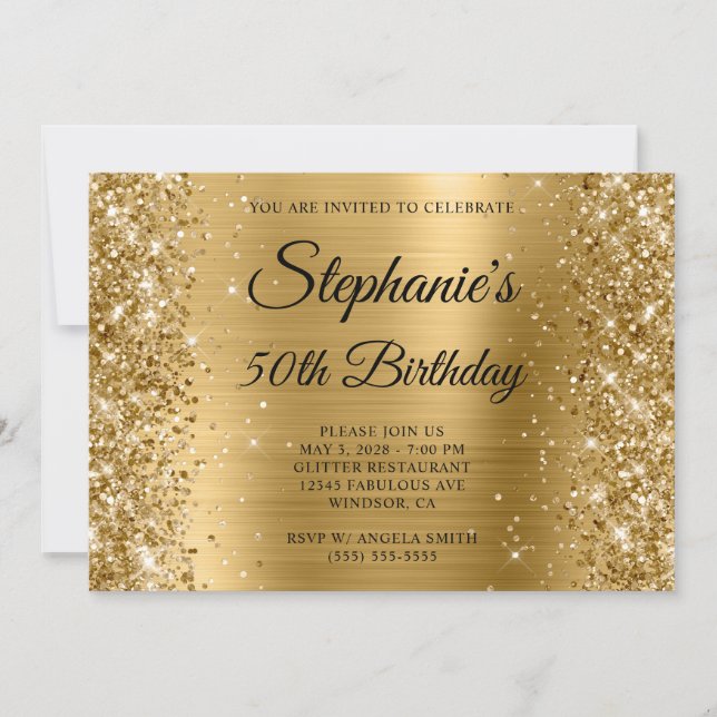 Glittery Gold Foil Monogram 50th Birthday Invitation (Front)