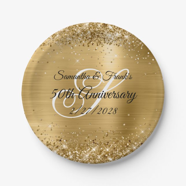 Glittery Gold Foil Monogrammed 50th Anniversary Paper Plate (Front)