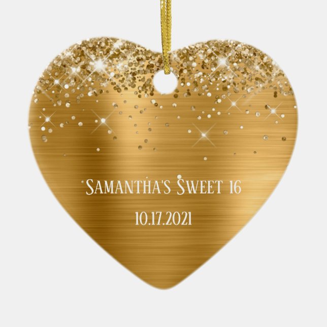 Glittery Gold Foil Personalised Sweet 16 Ceramic Tree Decoration (Front)