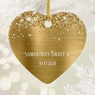 Glittery Gold Foil Personalised Sweet 16 Ceramic Tree Decoration