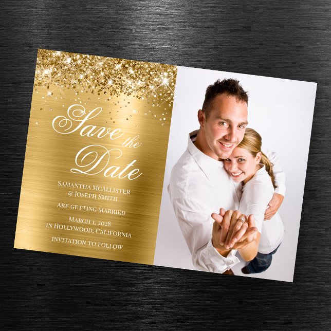 Glittery Gold Foil Photo Save the Date Magnetic Invitation (Creator Uploaded)