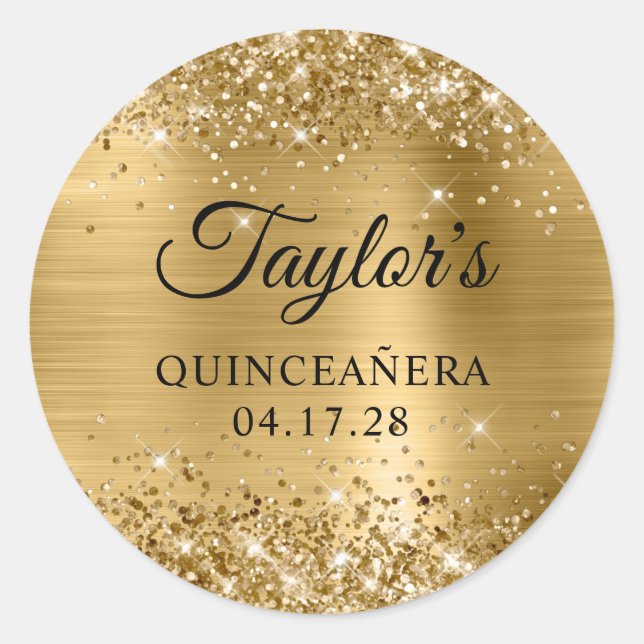 Glittery Gold Foil Quinceanera Birthday Classic Round Sticker (Front)