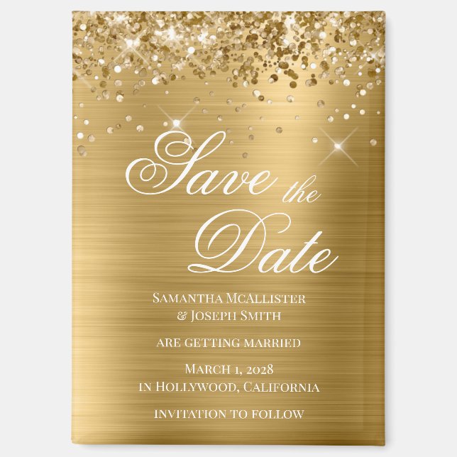 Glittery Gold Foil Save the Date Magnet (Front)